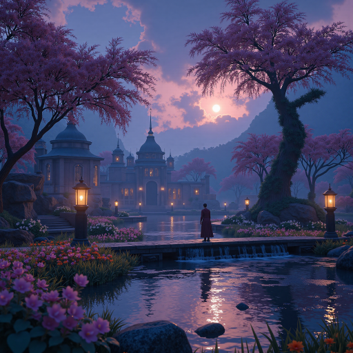 高清影片海报背景，展现东方美学场景，古典建筑与自然景观融合，柔和光线营造诗意氛围，电影质感画面