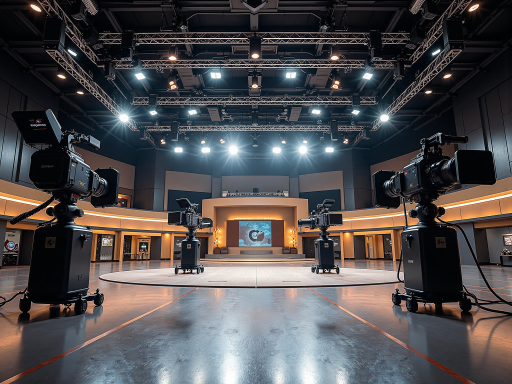 现代化影视工作室内部全景，配备专业摄像设备，温暖柔和灯光照明，艺术装饰点缀，体现专业水准与创意氛围的完美结合
