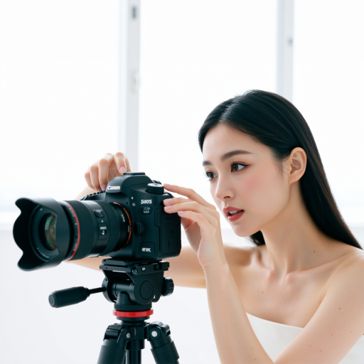 首席摄影师工作状态照片，三十岁左右女性摄影师，手持专业摄影器材，户外拍摄环境专注工作神情，体现专业素养