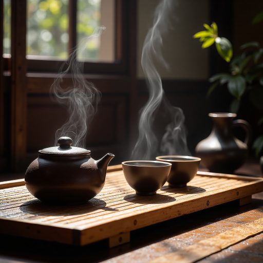 传统茶具静物摄影作品，中式茶器精美摆设，木质桌面自然纹理，柔和自然光线照射，简约构图体现东方美学意境